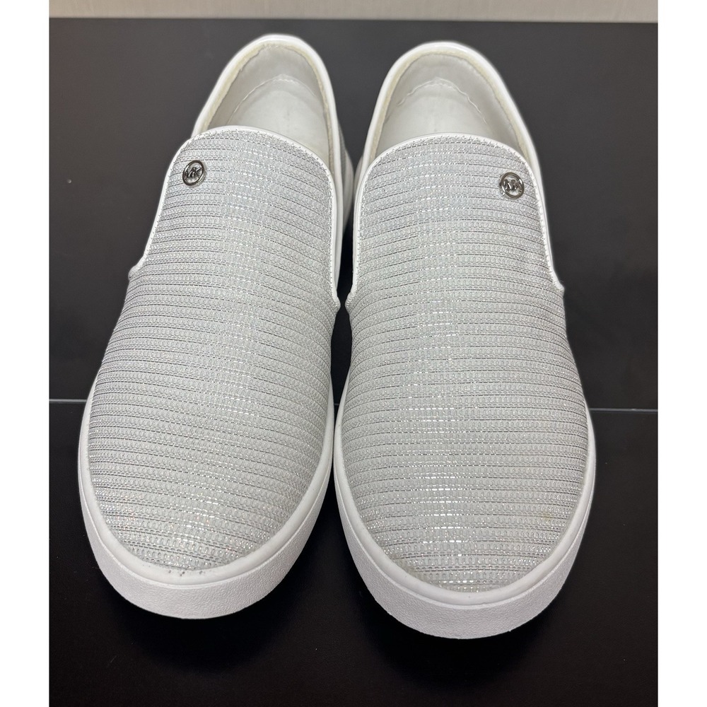 Michael Michael Kors Shoes Girls 3.5 White Silver Sparkle Slip‎ On Silver Logo - Picture 3 of 7